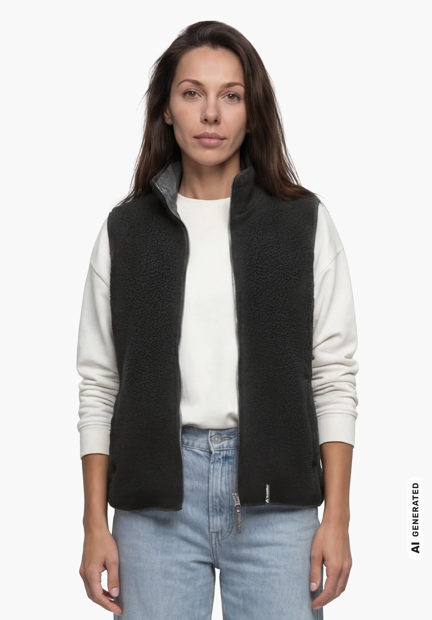 Vest Style Purga WMN en noir avec col montant et inscription Schöffel, porté par un modèle féminin debout et vu de face avec les bras le long du corps sur fond blanc. (Généré par IA)