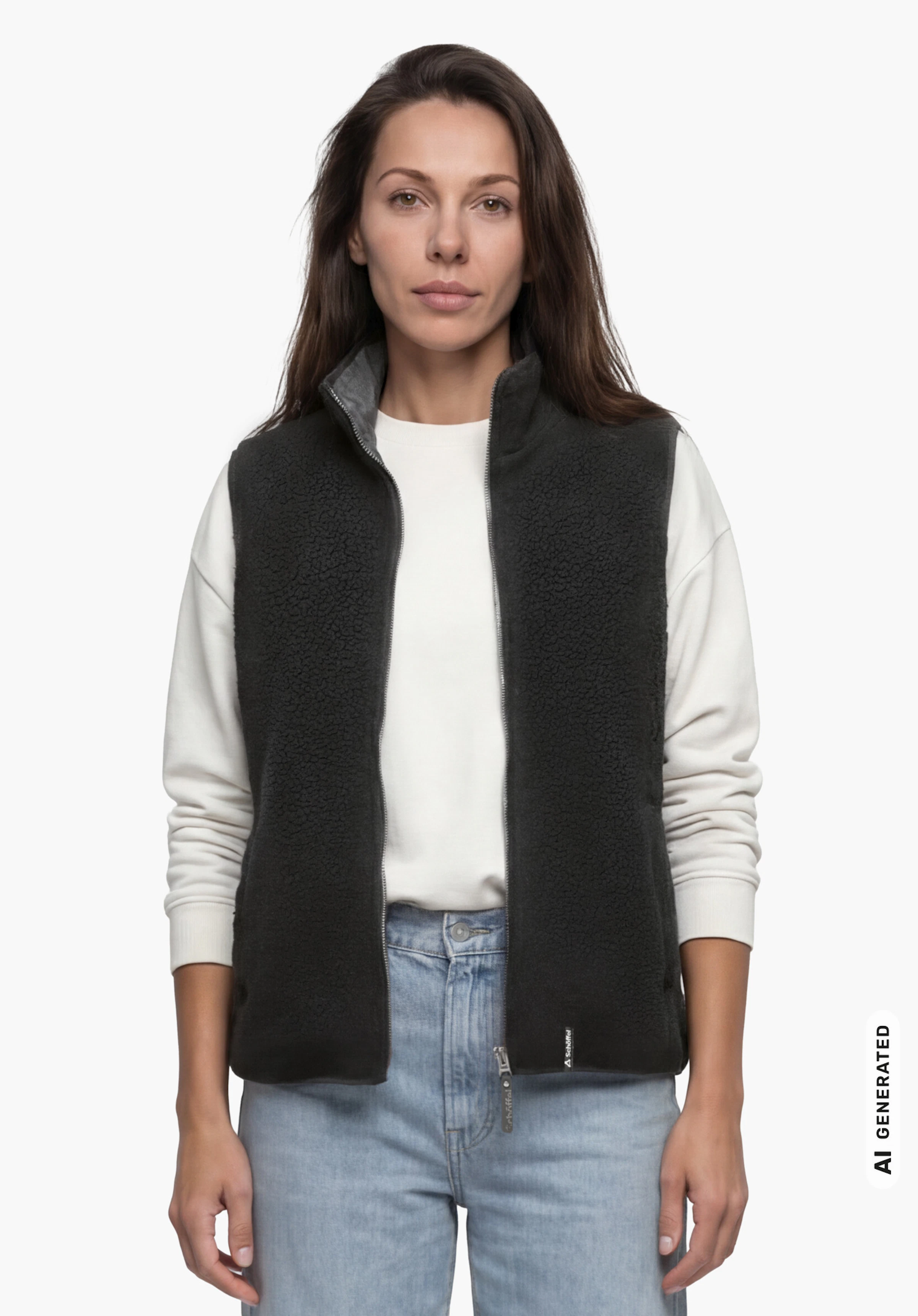 Vest Style Purga WMN in schwarz mit Stehkragen und Schöffel-Schriftzug, getragen von einem weiblichen Model in aufrechtem Stand und Frontansicht mit herabhängenden Armen vor weißem Hintergrund. (KI-generiert)